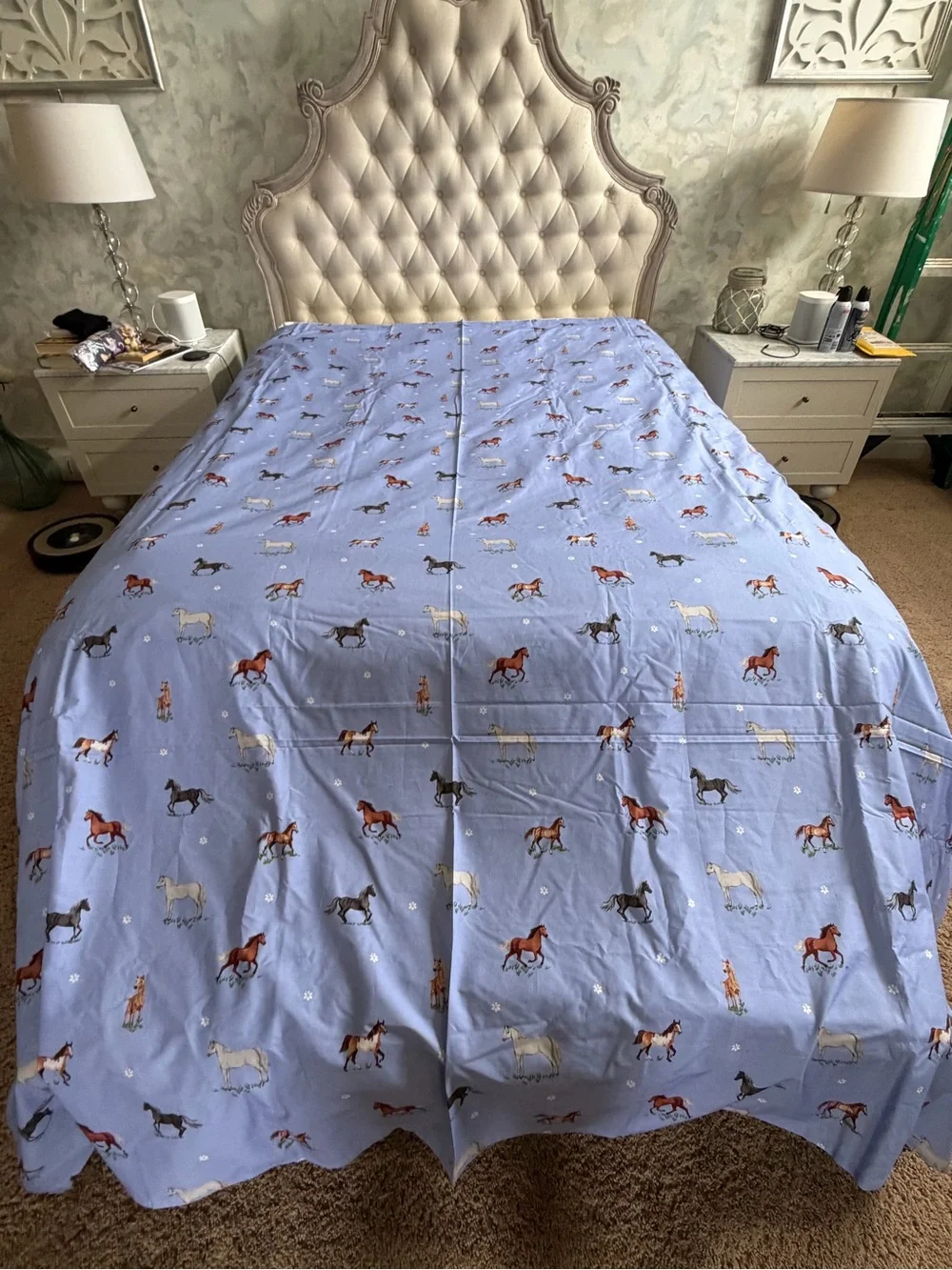 New Anthropologie organic percale cotton printed flat sheet queen full Horses